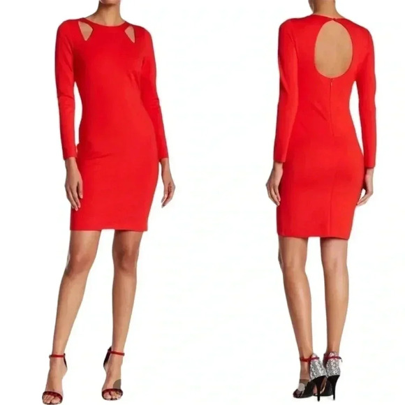 HALSTON HERITAGE | Ponte Knit Dress | Long Sleeve Cutout Keyhole Sheath Red | M - Picture 3 of 10